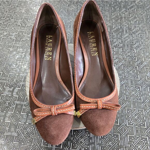 🐢 Lauren Ralph Lauren Bernee-Rust Brown Suede Wedge. Size 6.5B - Picture 1 of 15